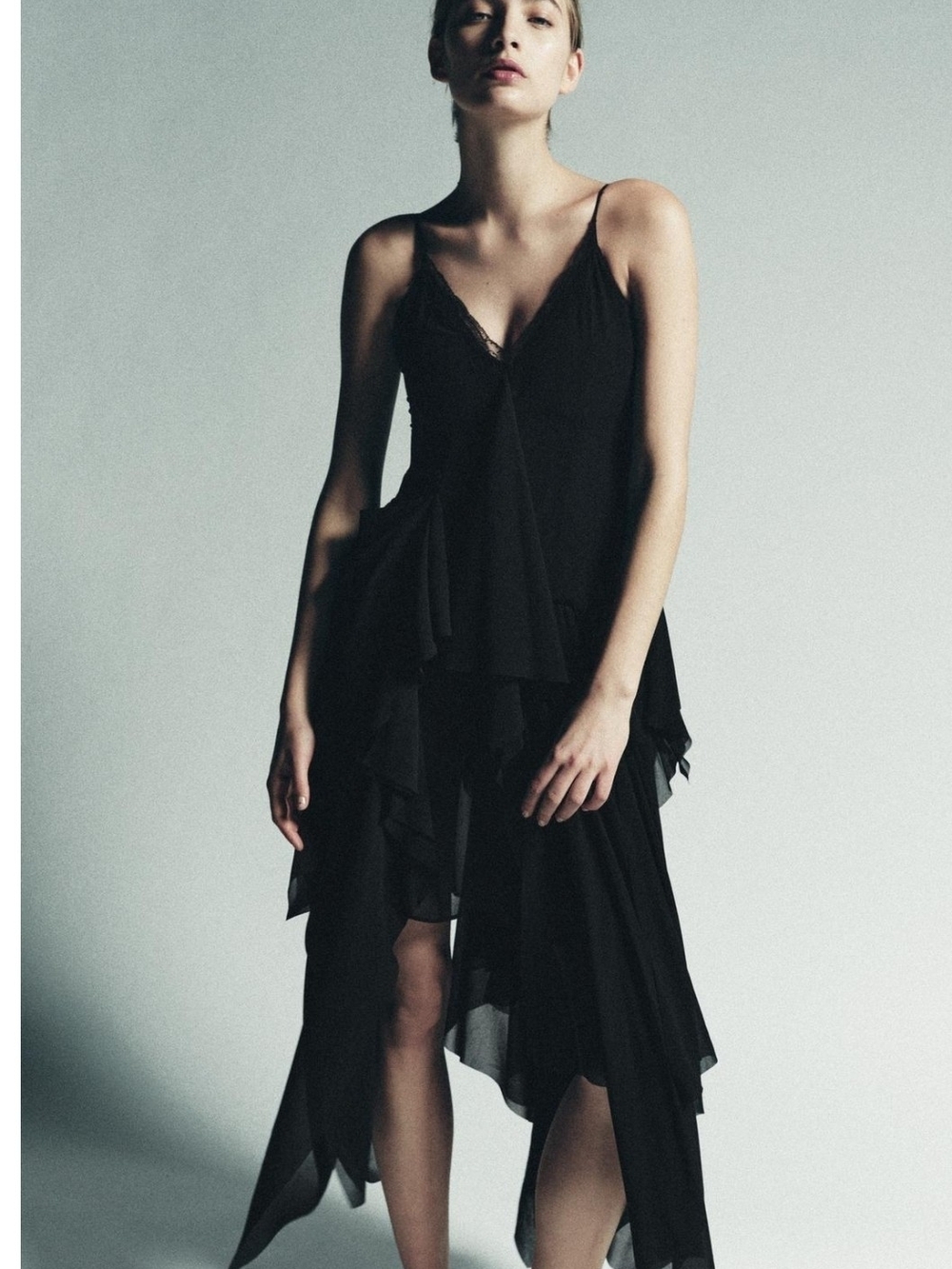 Zara Black Asymmetric Lace-Trim Slip Dress